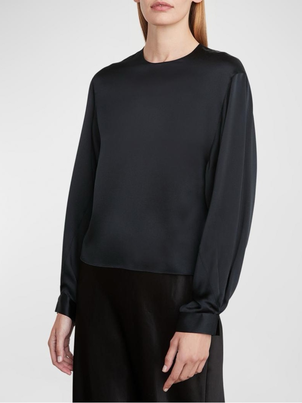 Vince Black Long-Sleeve Crewneck Silk Blend Blouse Dark Gray